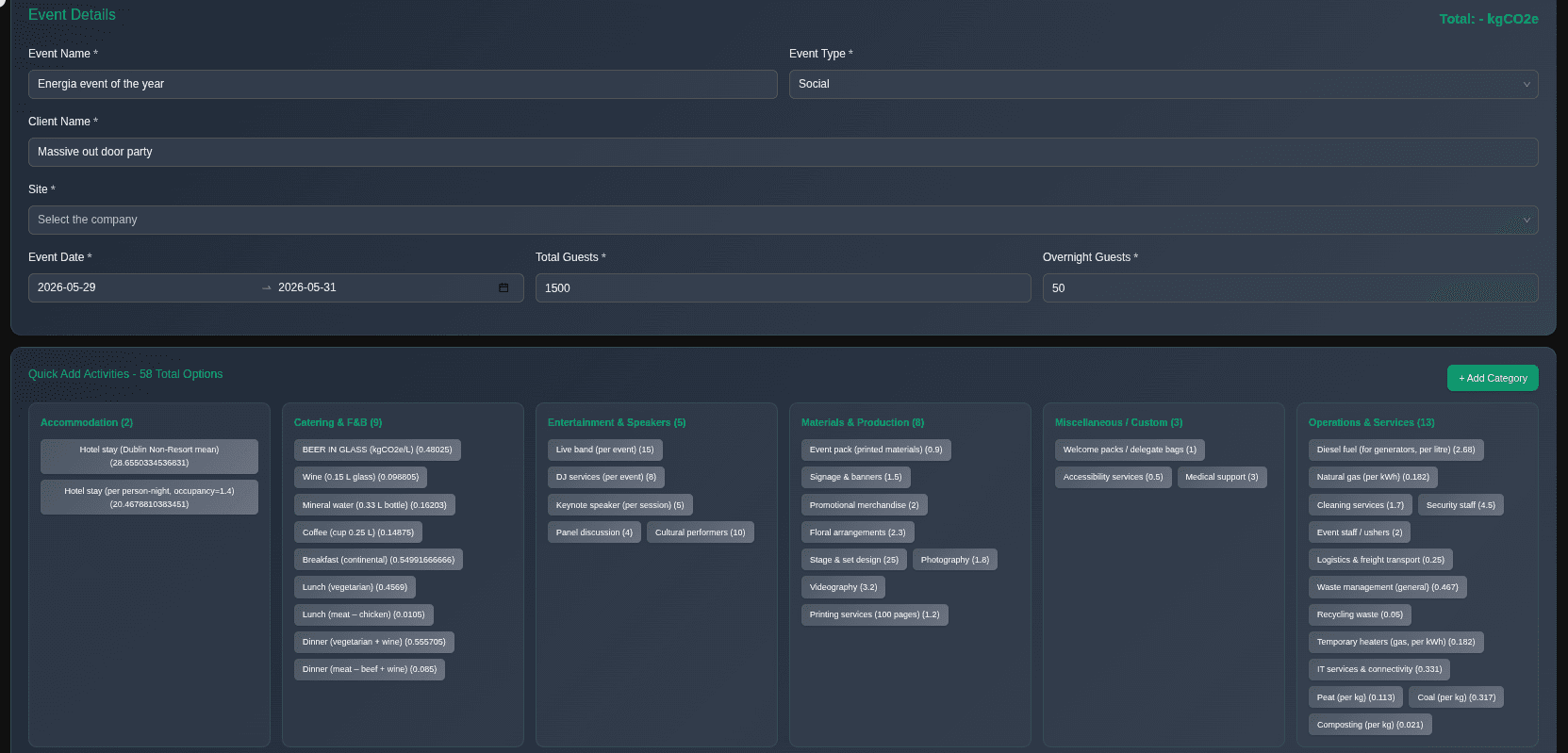 EcoReko Event Module - à la carte activity builder with 58 emission categories